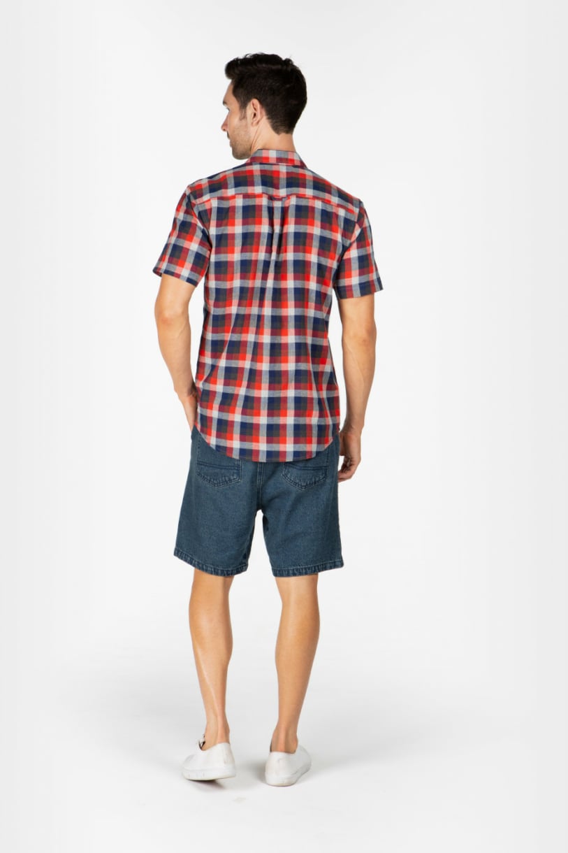 MENS HEMP COTTON PLAID SHORT SLEEVE SHIRT - RED BLUE