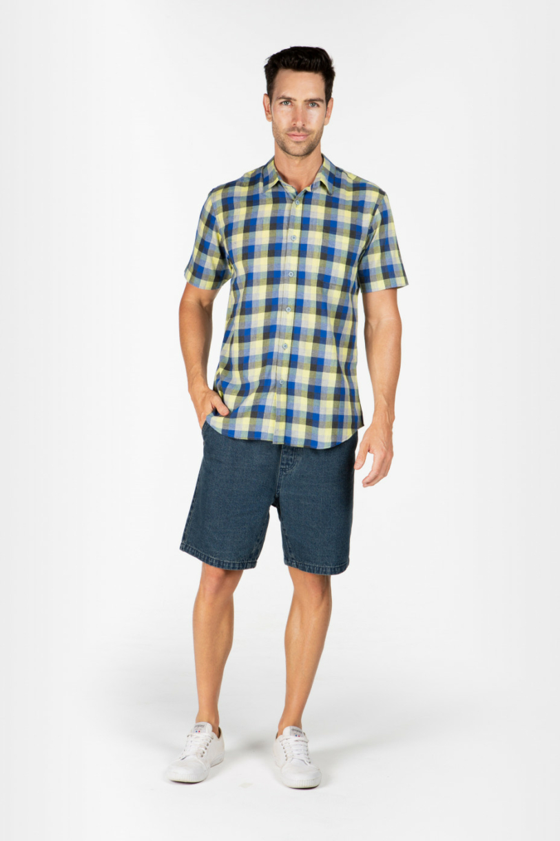 MENS HEMP COTTON PLAID SHORT SLEEVE SHIRT - YELLOW BLUE