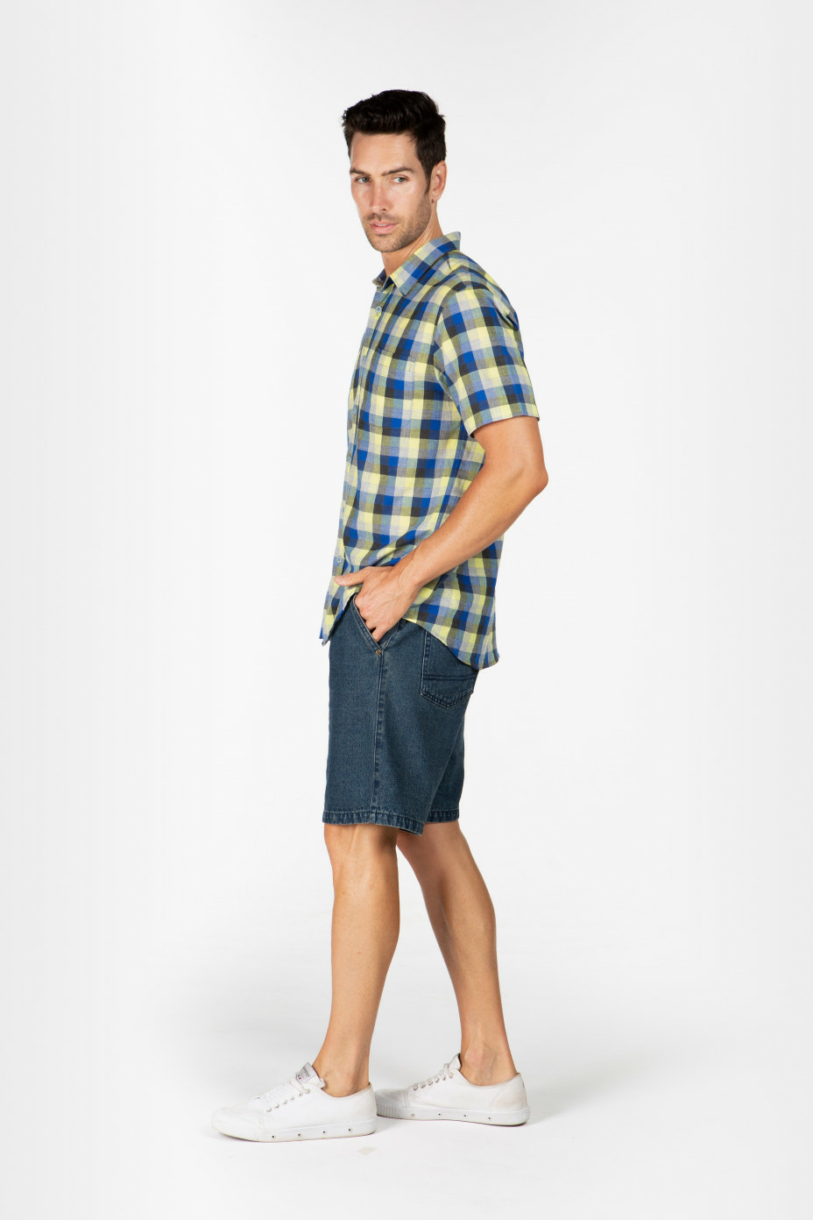 MENS HEMP COTTON PLAID SHORT SLEEVE SHIRT - YELLOW BLUE