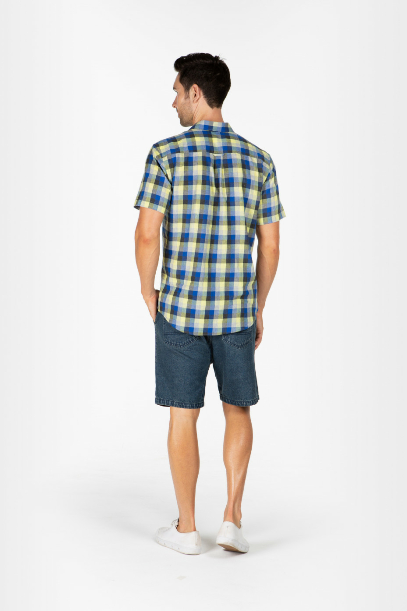 MENS HEMP COTTON PLAID SHORT SLEEVE SHIRT - YELLOW BLUE