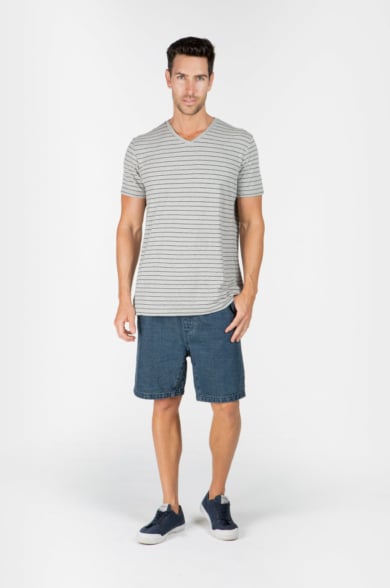 MEN'S HEMP COTTON V NECK STRIPE TEE - GREY