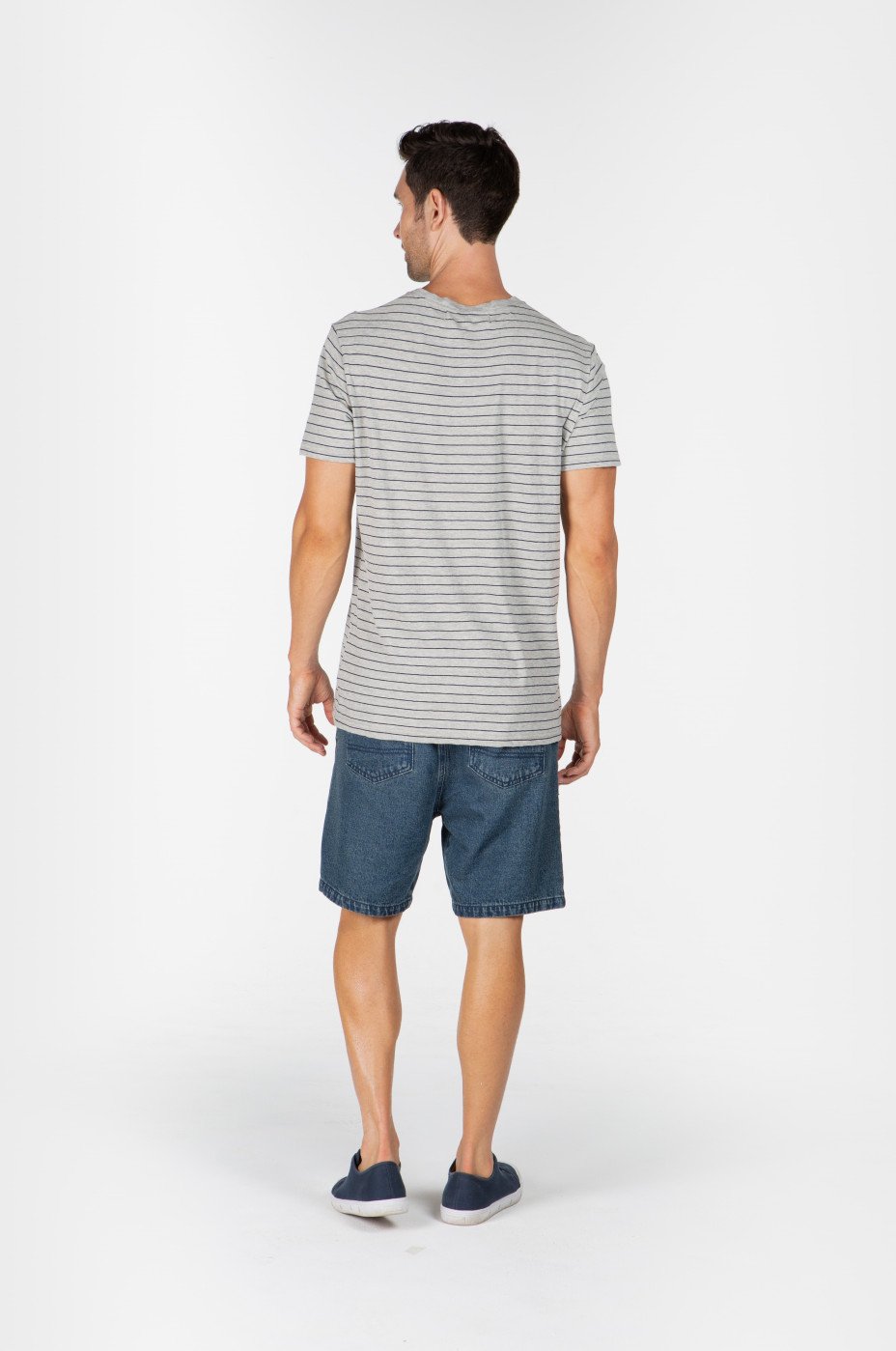 MEN'S HEMP COTTON V NECK STRIPE TEE - GREY