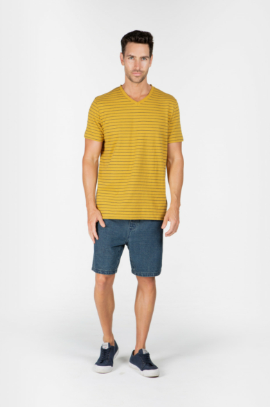 MEN'S HEMP COTTON V NECK STRIPE TEE - MUSTARD