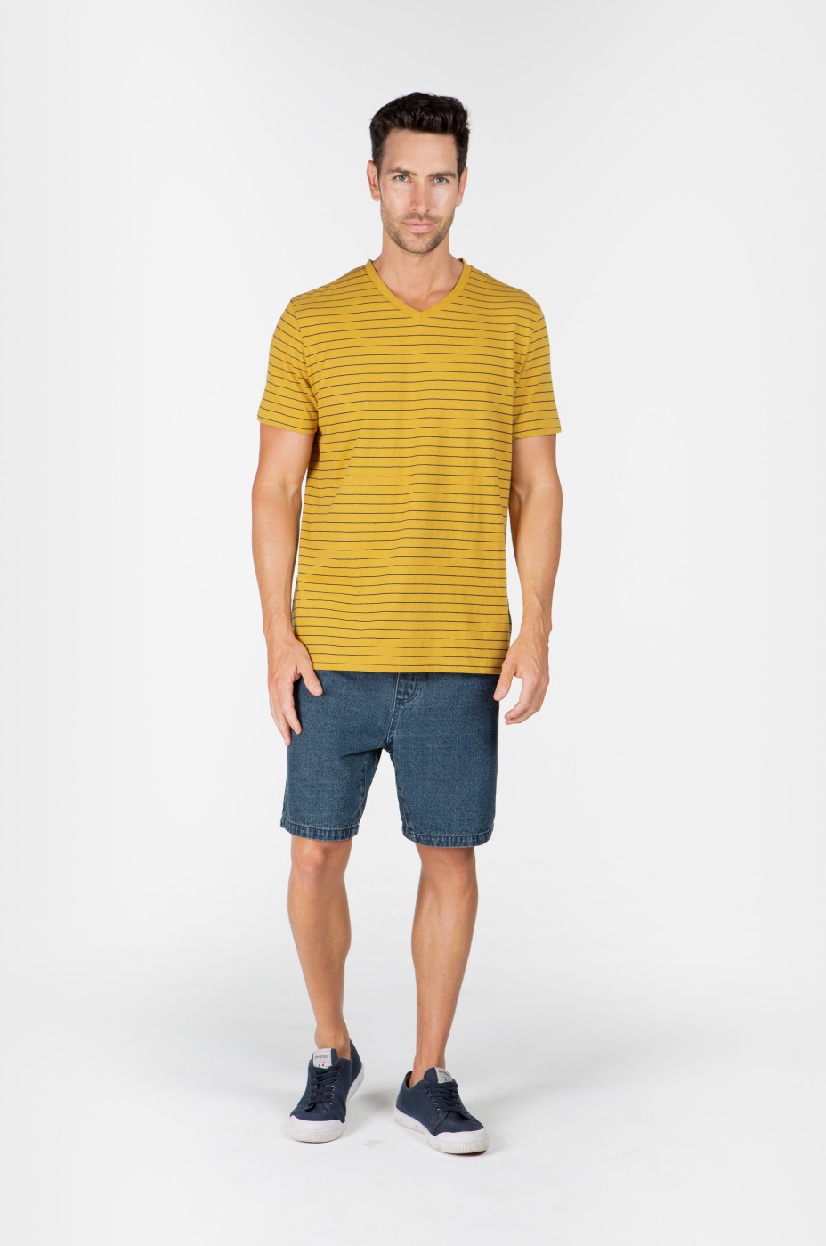 5z0a5681__.jpg MEN'S HEMP COTTON V NECK STRIPE TEE - MUSTARD