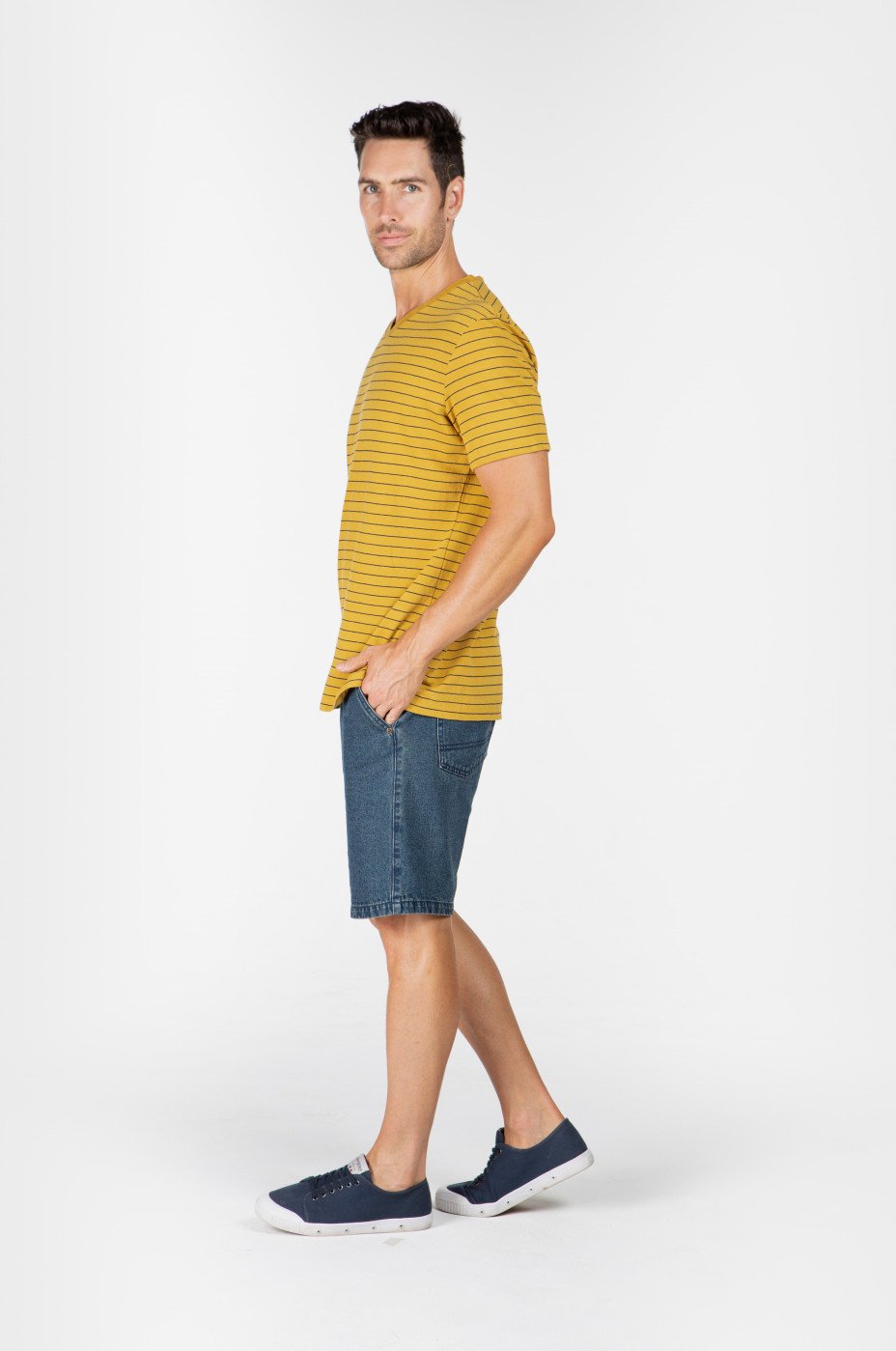 MEN'S HEMP COTTON V NECK STRIPE TEE - MUSTARD