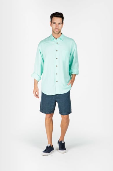 Mens Premium Hemp Rayon Relax Fit Long Sleeve Shirt - Aqua