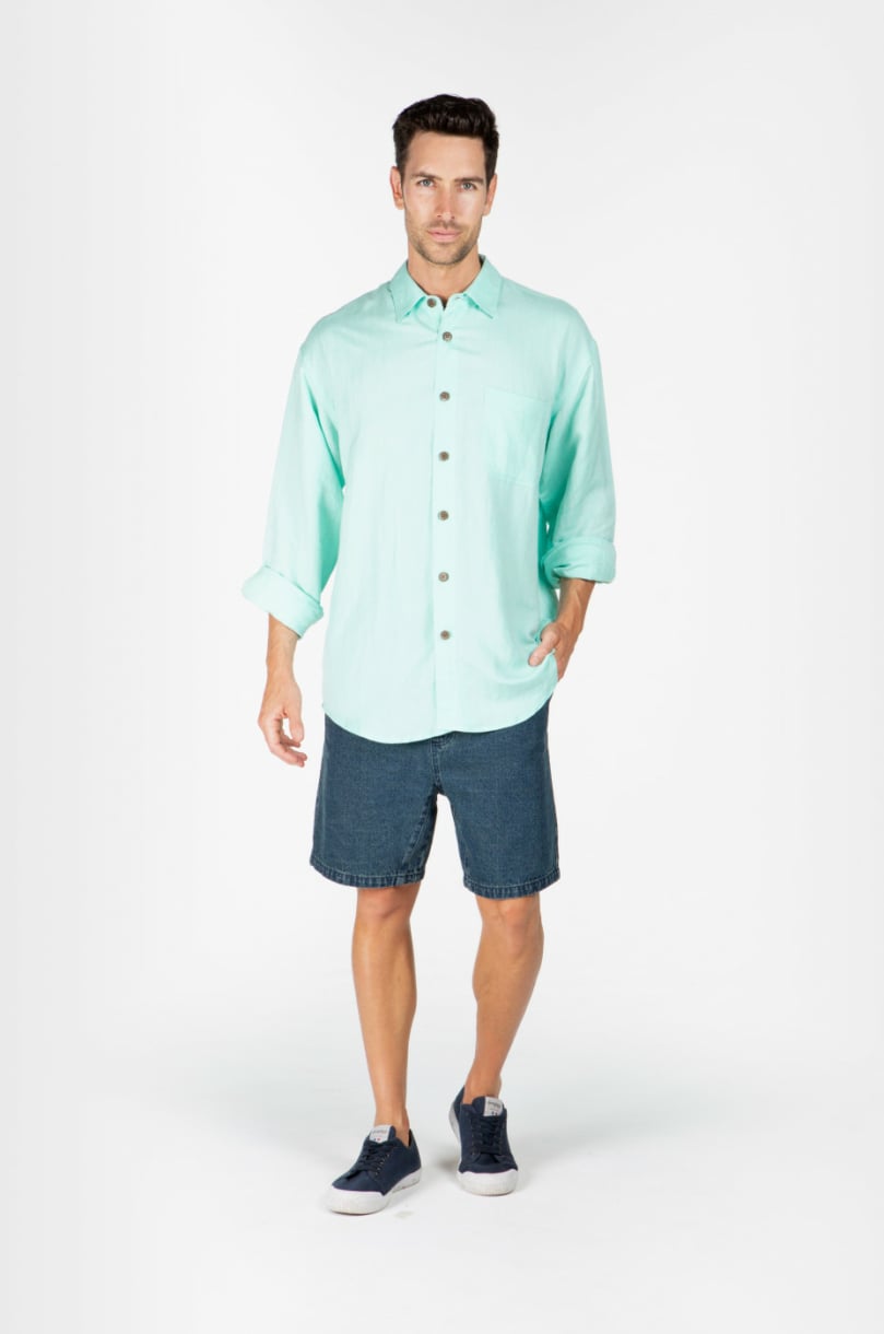 Mens Premium Hemp Rayon Relax Fit Long Sleeve Shirt - Aqua