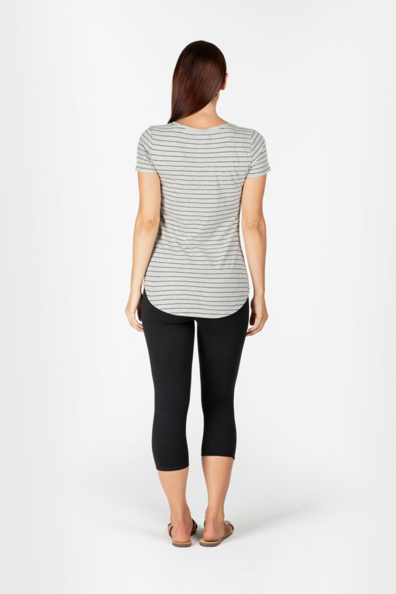 LADIES HEMP COTTON V NECK STRIPE TEE - GREY