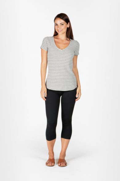 LADIES HEMP COTTON V NECK STRIPE TEE - GREY