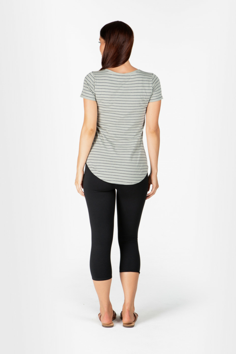 LADIES HEMP COTTON V NECK STRIPE TEE - GREEN