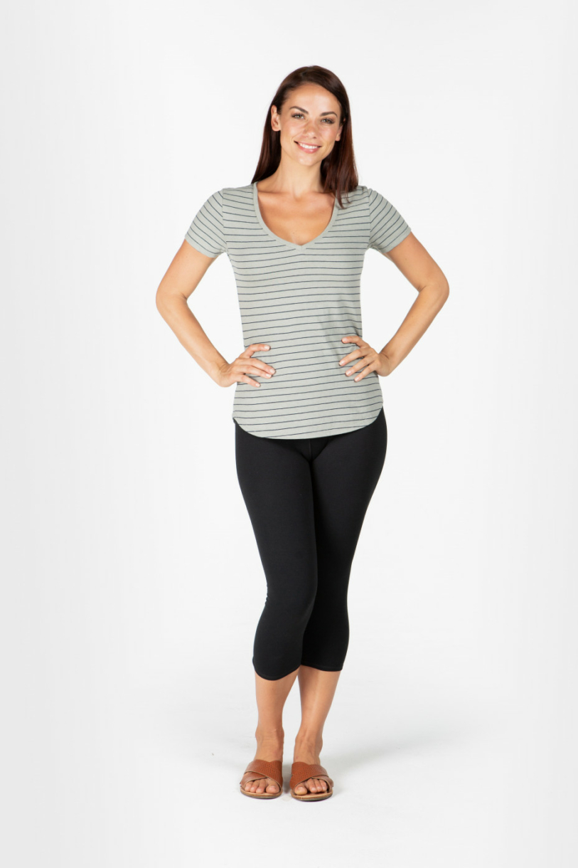 LADIES HEMP COTTON V NECK STRIPE TEE - GREEN