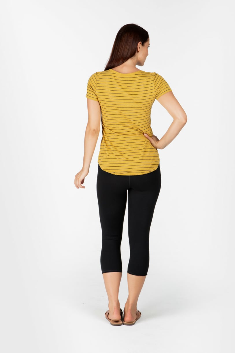 LADIES HEMP COTTON V NECK STRIPE TEE - MUSTARD