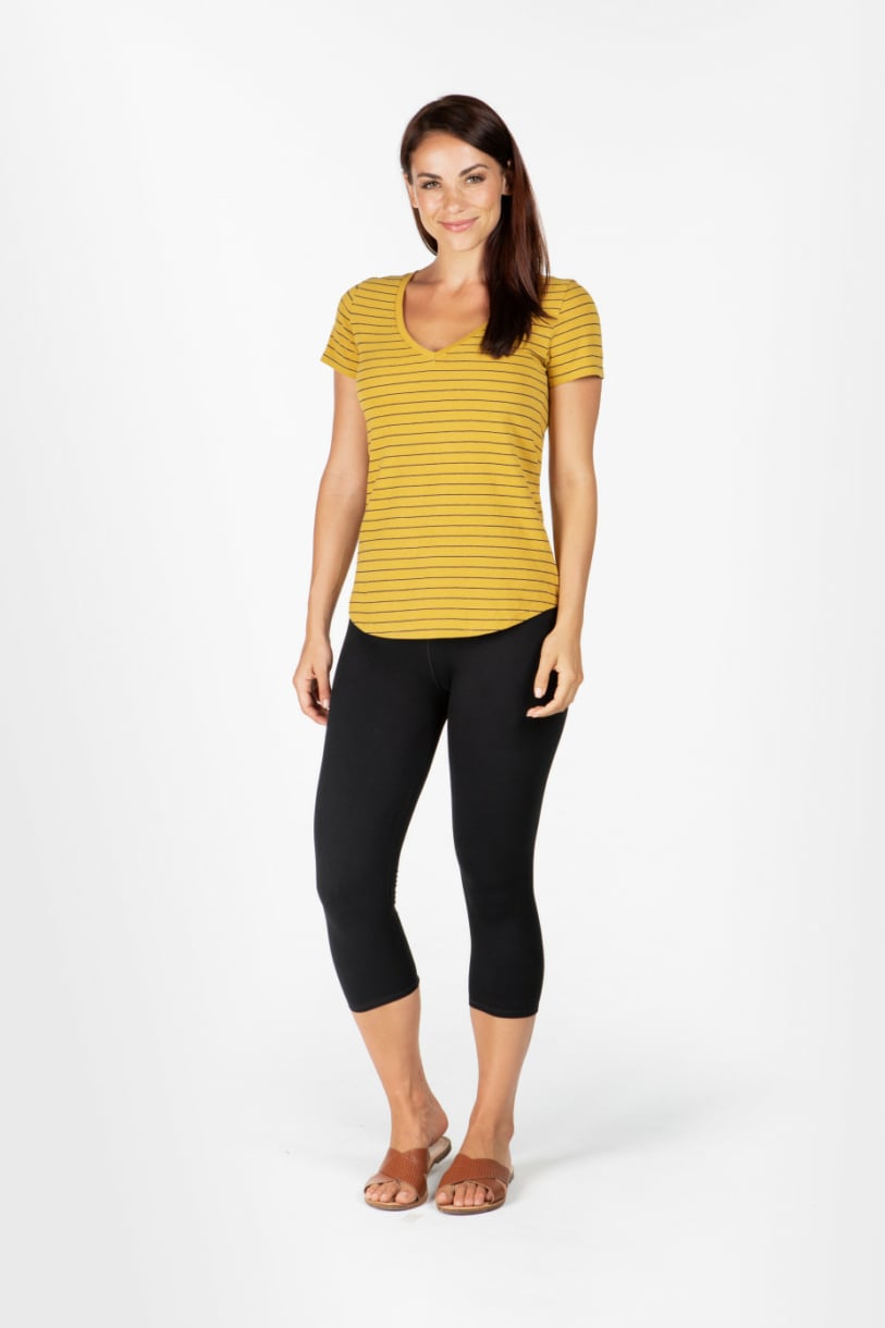 LADIES HEMP COTTON V NECK STRIPE TEE - MUSTARD