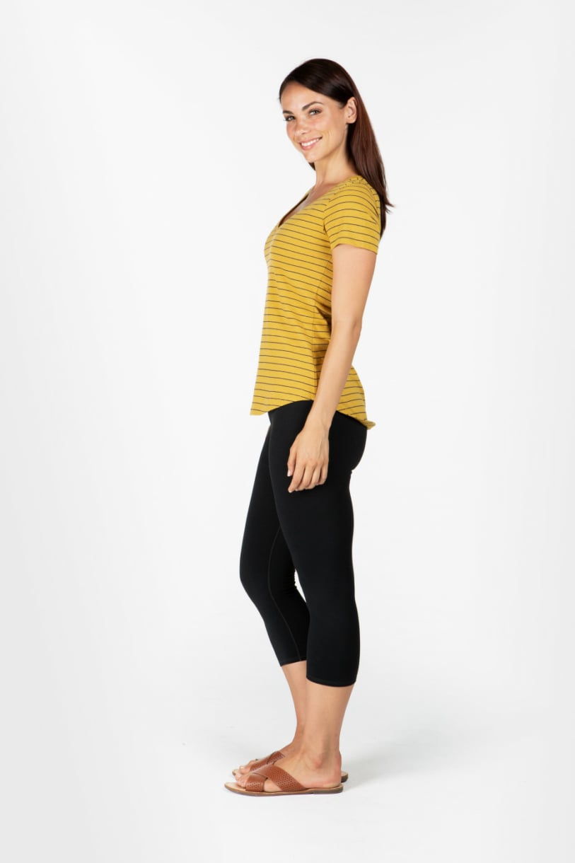 LADIES HEMP COTTON V NECK STRIPE TEE - MUSTARD