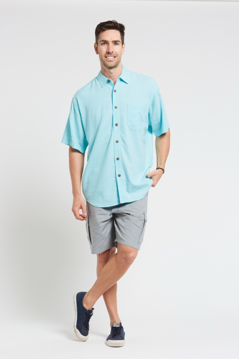 Mens Premium Hemp Rayon Relax Fit Short Sleeve Shirt-Aqua