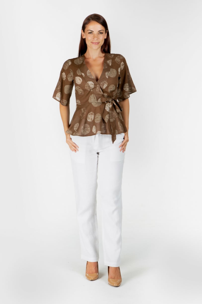 LADIES HEMP COTTON WRAP TOP -  BROWN