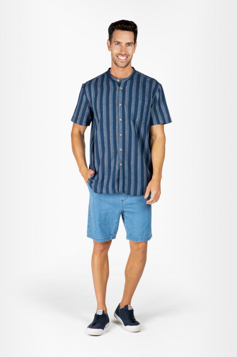 MEN'S HEMP BLENDED GRANDPA SHORT SLEEVE TOP-BLUE