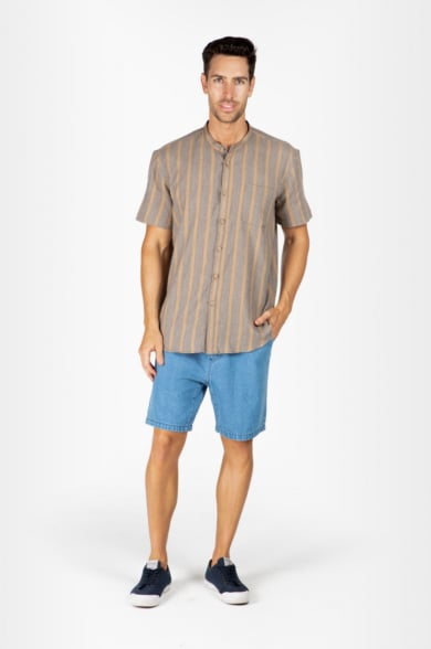 MEN'S HEMP BLENDED GRANDPA SHORT SLEEVE TOP-CAMEL