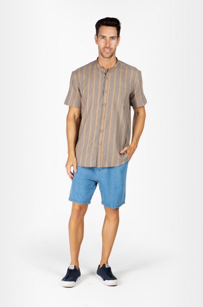 MEN'S HEMP BLENDED GRANDPA SHORT SLEEVE TOP-CAMEL