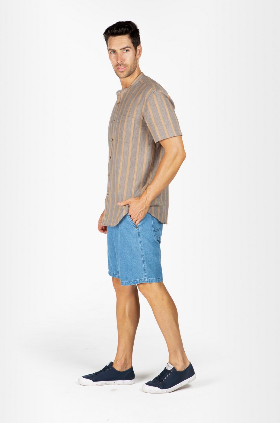 MEN'S HEMP BLENDED GRANDPA SHORT SLEEVE TOP-CAMEL