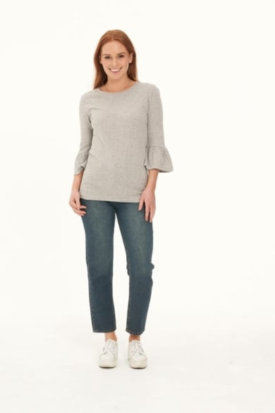 Ladies' Hemp Cotton Half Sleeves Ruffle Tee-Grey