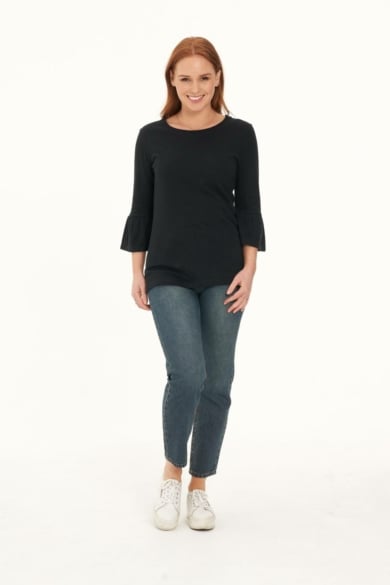 Ladies' Hemp Cotton Half Sleeves Ruffle Tee-Black