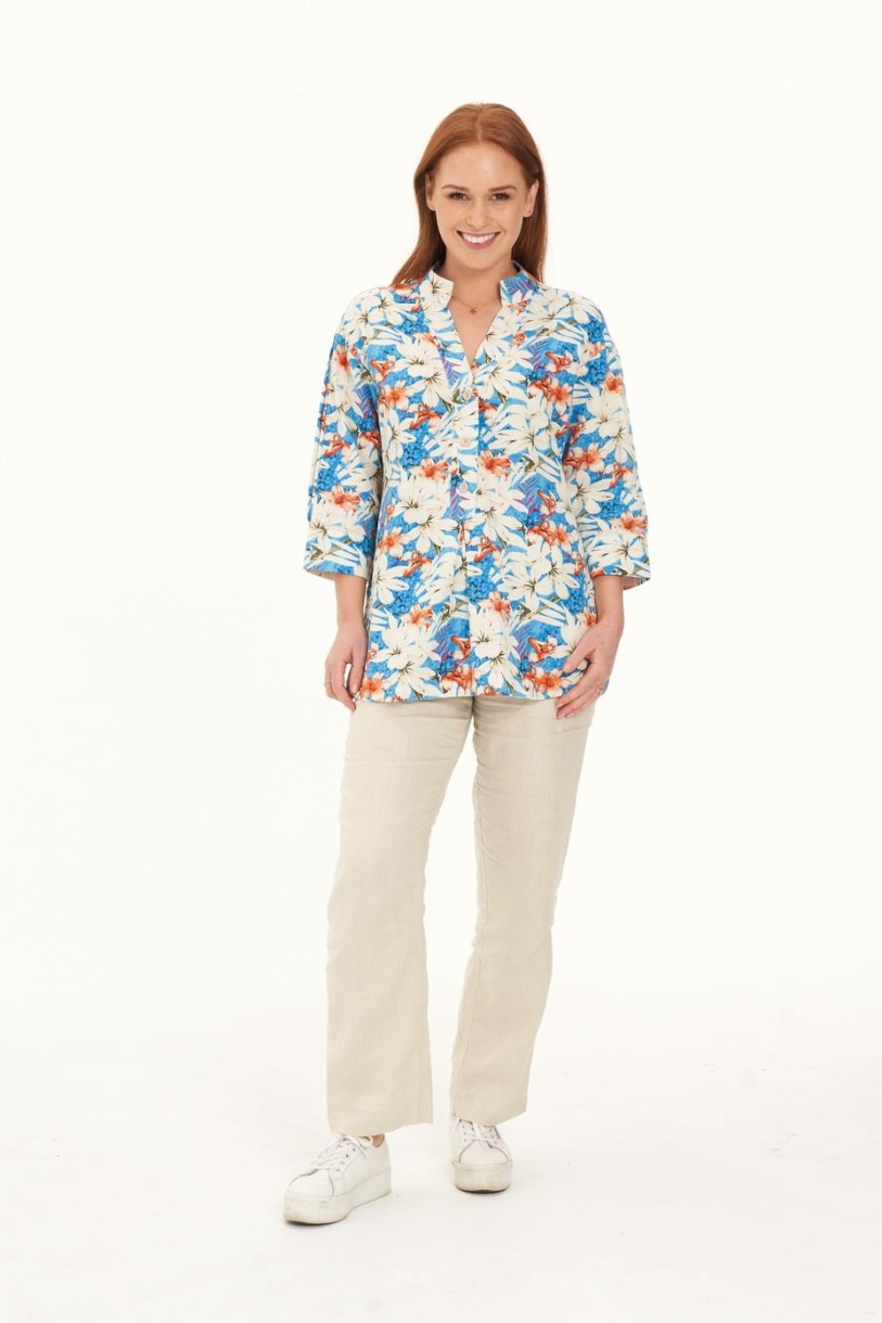 Ladies' Hemp Cotton Oversize Floral Shirt-Blue