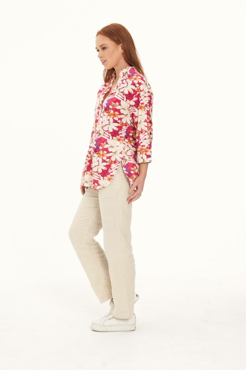 Ladies' Hemp Cotton Oversize Floral Shirt-Red