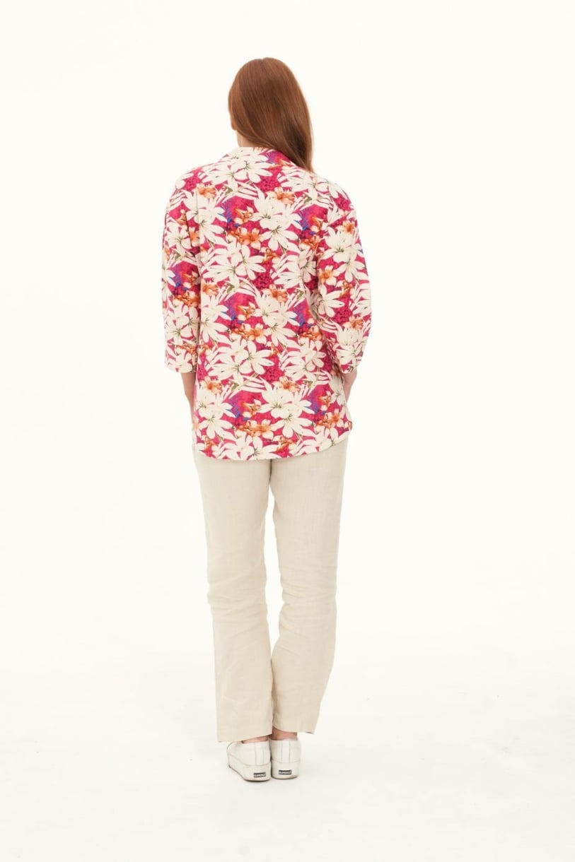 Ladies' Hemp Cotton Oversize Floral Shirt-Red