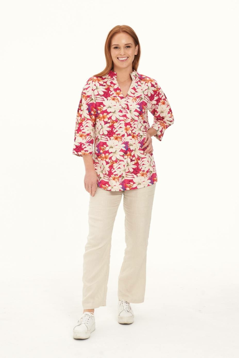 Ladies' Hemp Cotton Oversize Floral Shirt-Red