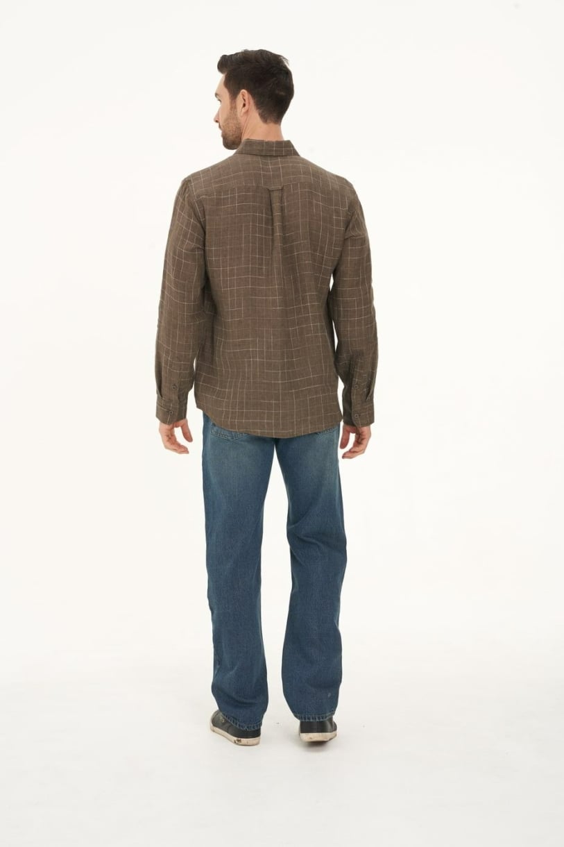 Men's 100% Hemp Check Shirt-Khaki