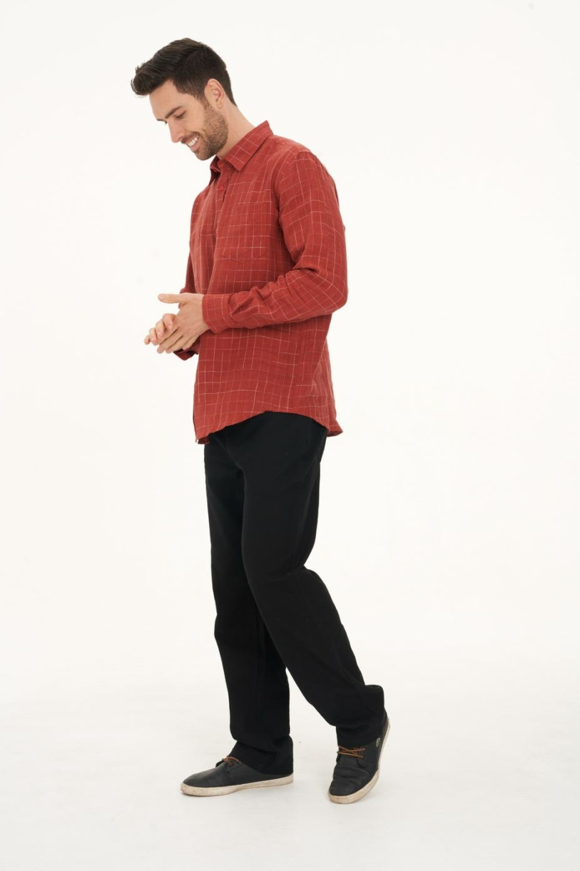 Men's 100% Hemp Check Shirt-Red