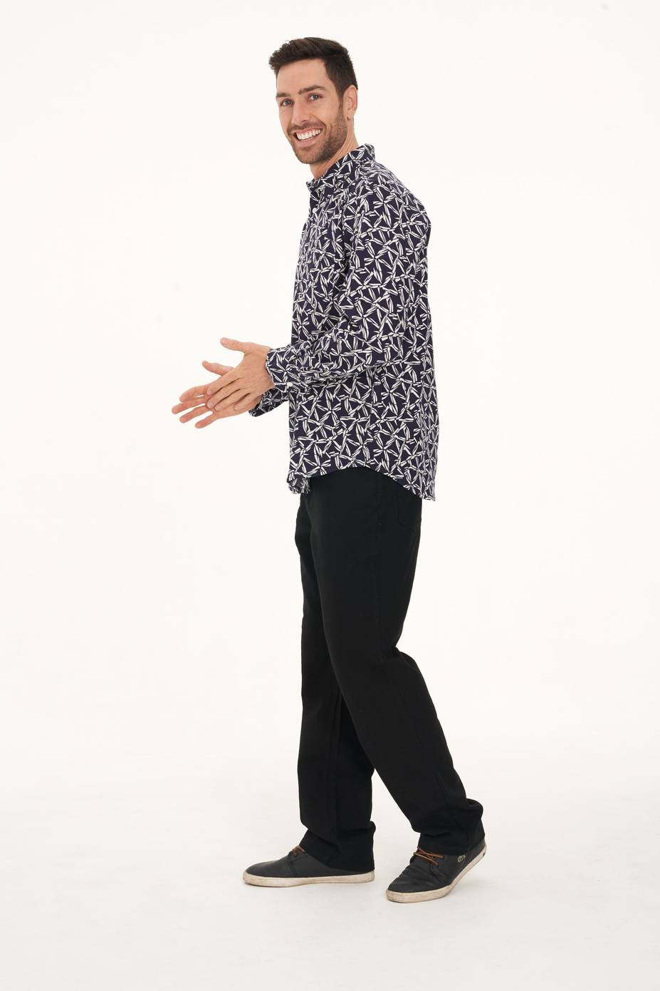 MWT2006 NAVY (2) Men's Hemp Cotton Print Long Sleeve Shirt-Navy