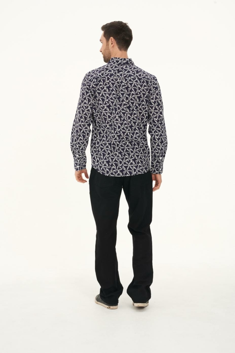 Men's Hemp Cotton Print Long Sleeve Shirt-Navy