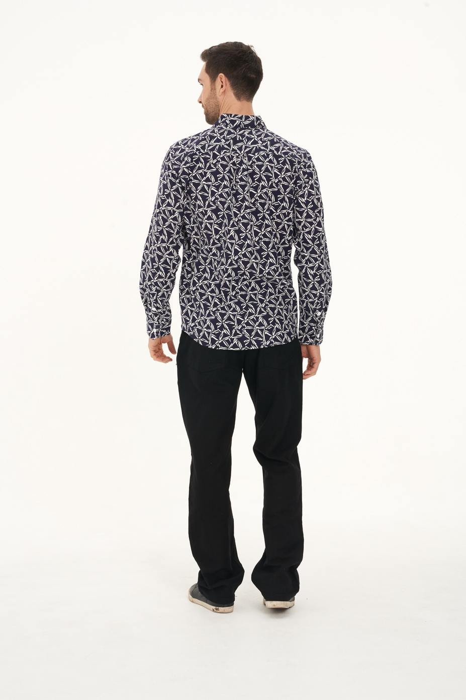 MWT2006 NAVY (3) Men's Hemp Cotton Print Long Sleeve Shirt-Navy