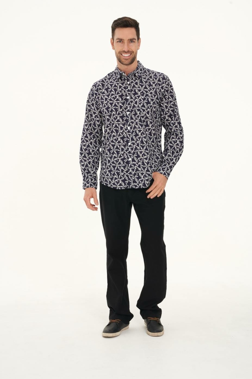 Men's Hemp Cotton Print Long Sleeve Shirt-Navy