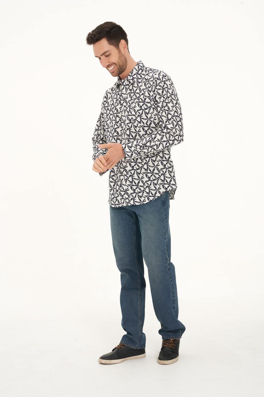 MWT2006 WHITE (2) Men's Hemp Cotton Print Long Sleeve Shirt-White