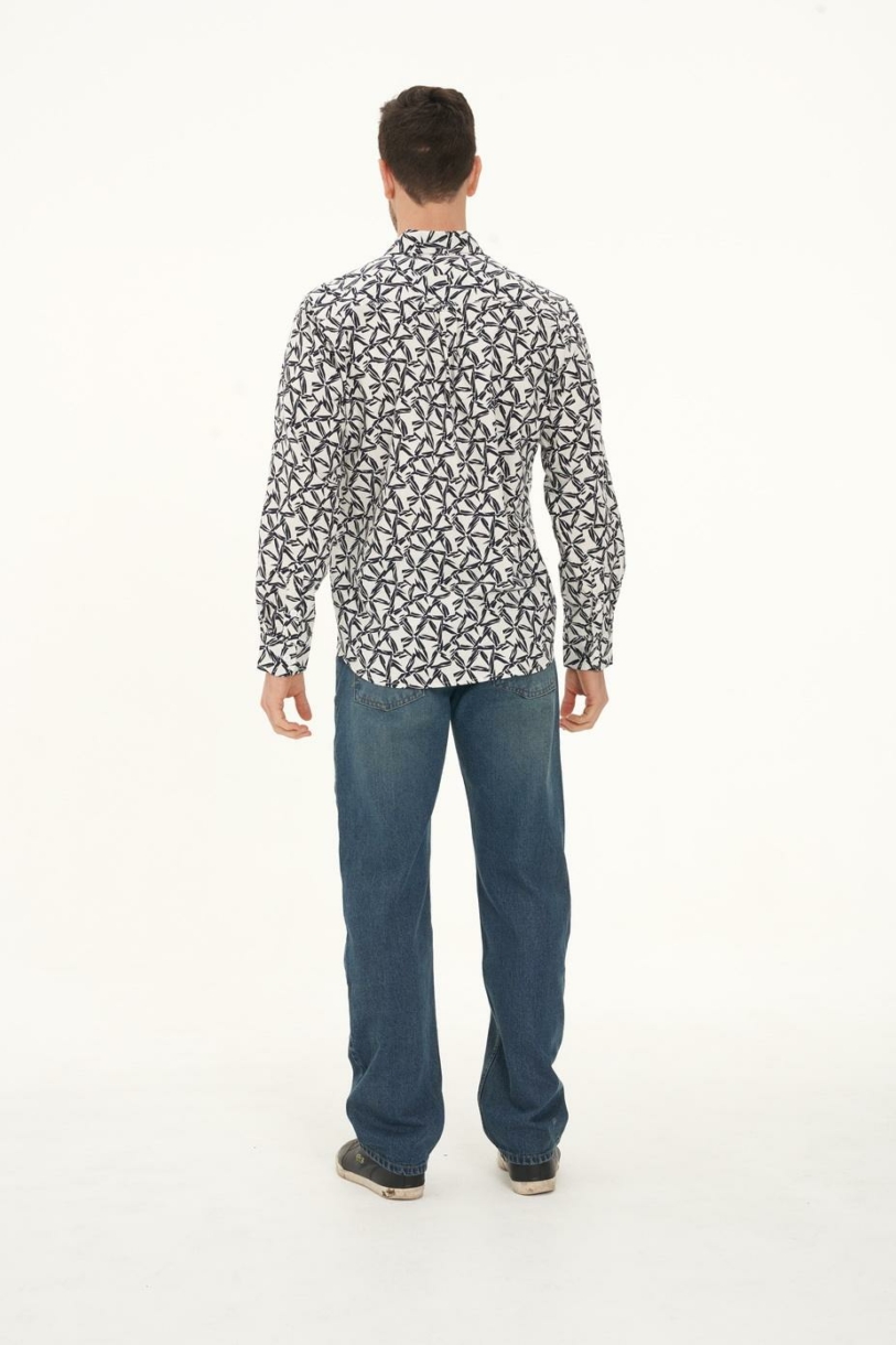 Men's Hemp Cotton Print Long Sleeve Shirt-White