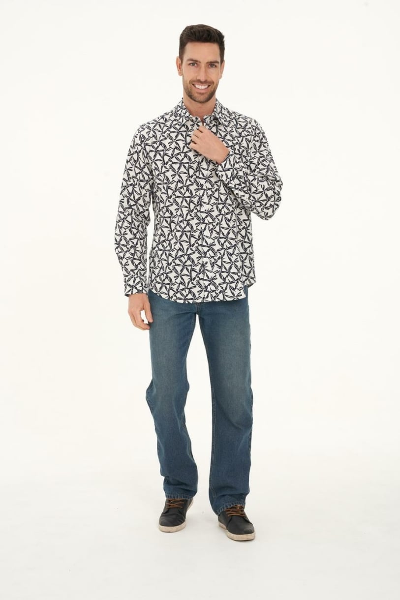 Men's Hemp Cotton Print Long Sleeve Shirt-White