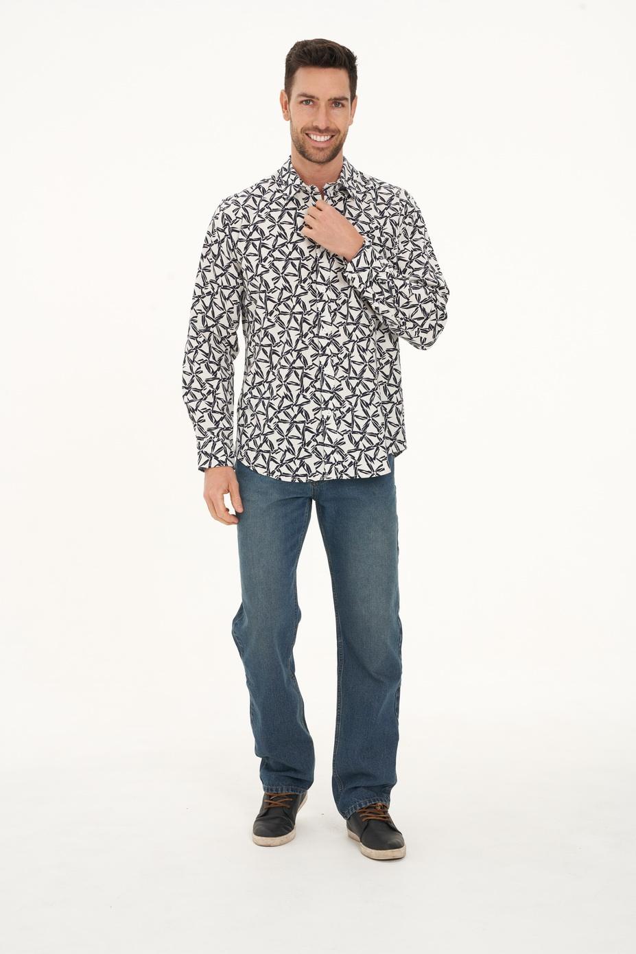 MWT2006 WHITE Men's Hemp Cotton Print Long Sleeve Shirt-White