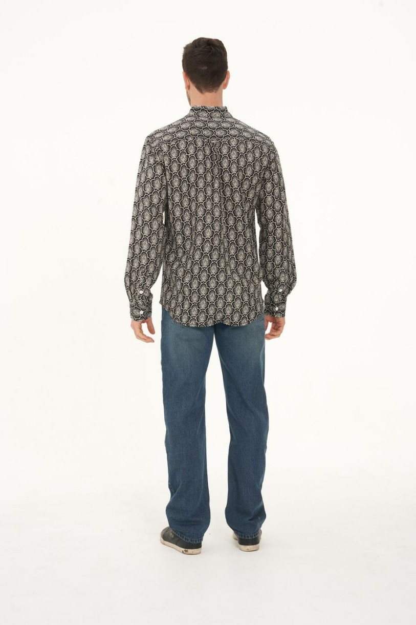 Men's Hemp Cotton Long Sleeve Geometric Print Shirt-Black