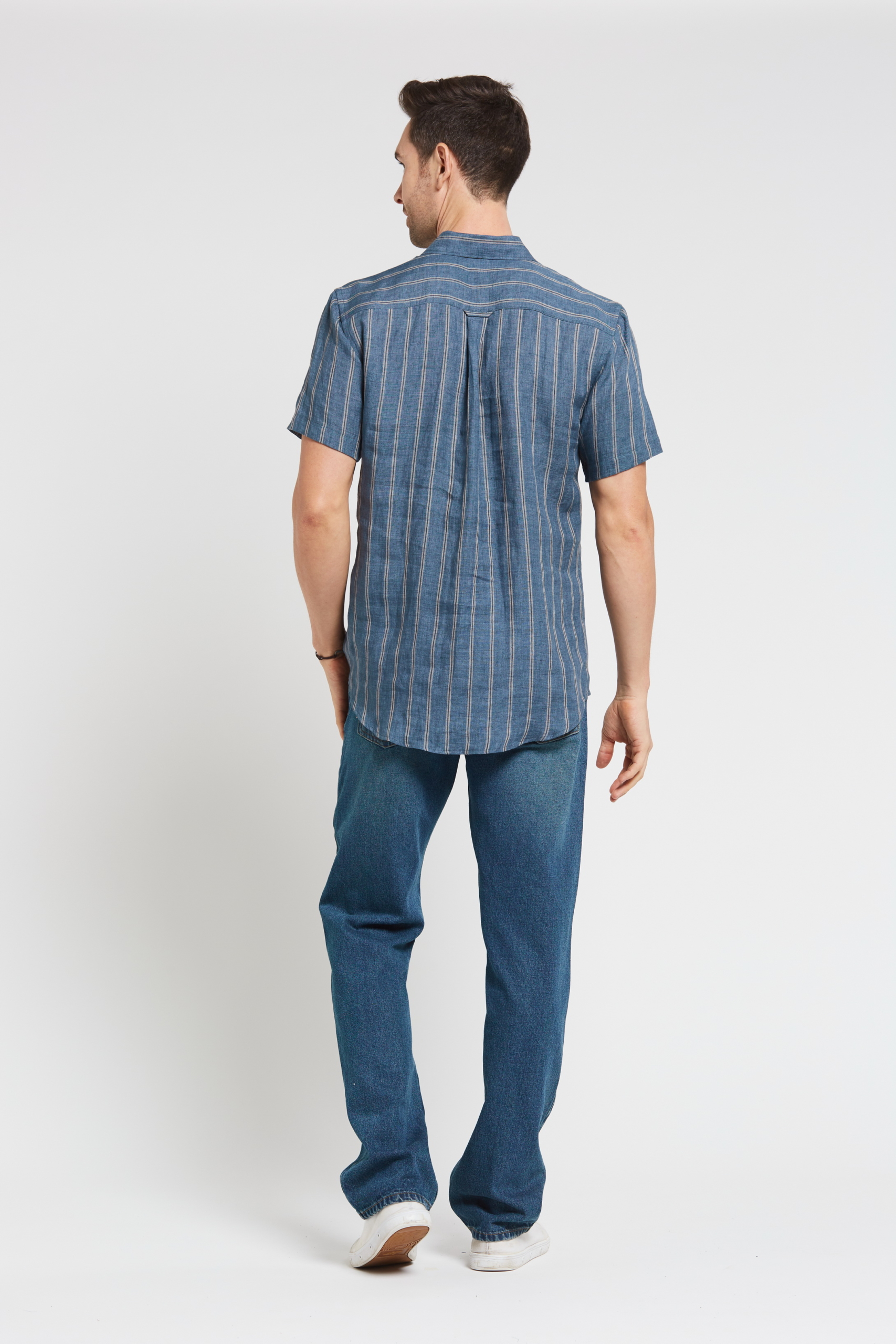 MST2021 BLUE B Men's 100%Hemp Stripe Short Sleeve Shirt-Blue