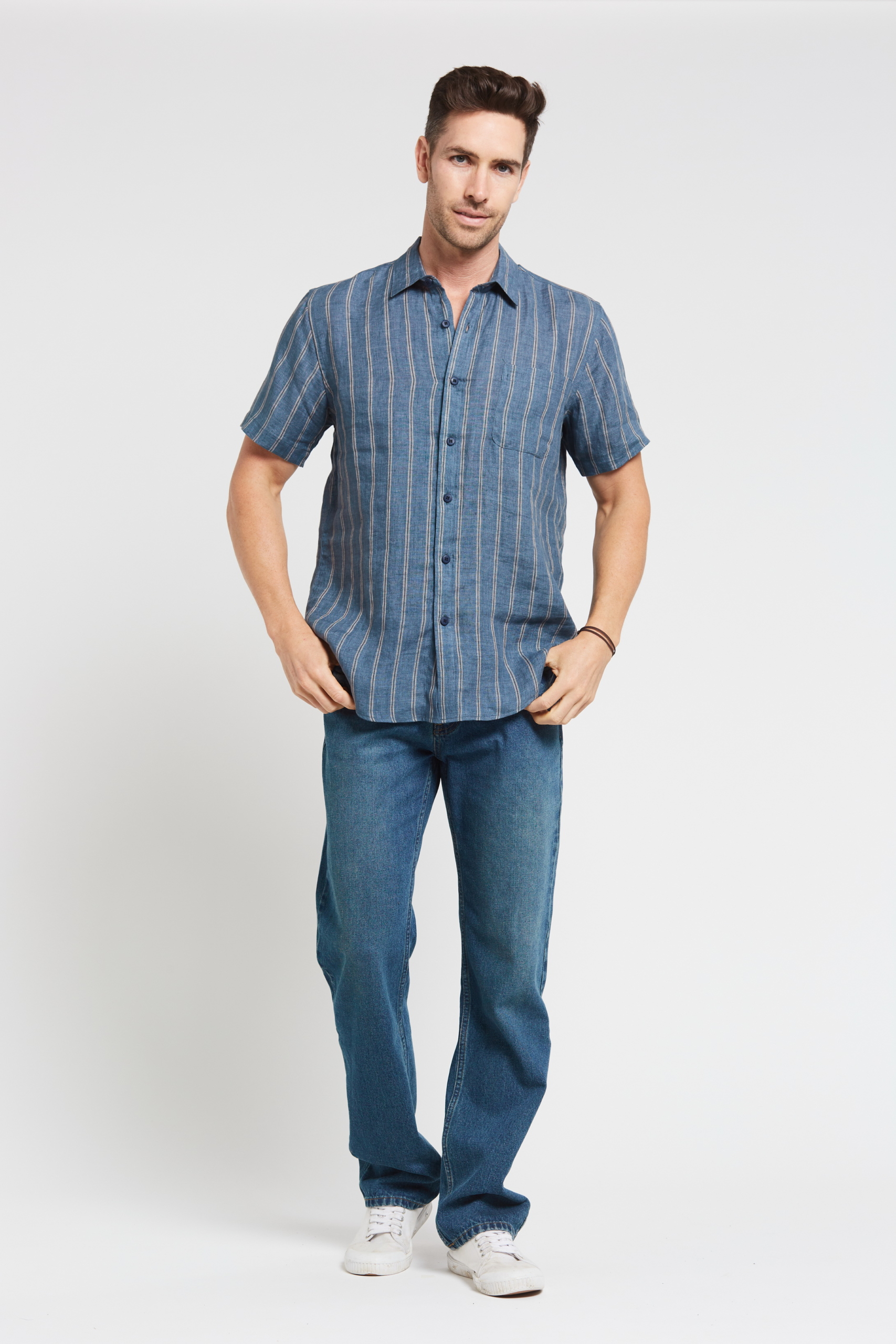 MST2021 BLUE F Men's 100%Hemp Stripe Short Sleeve Shirt-Blue