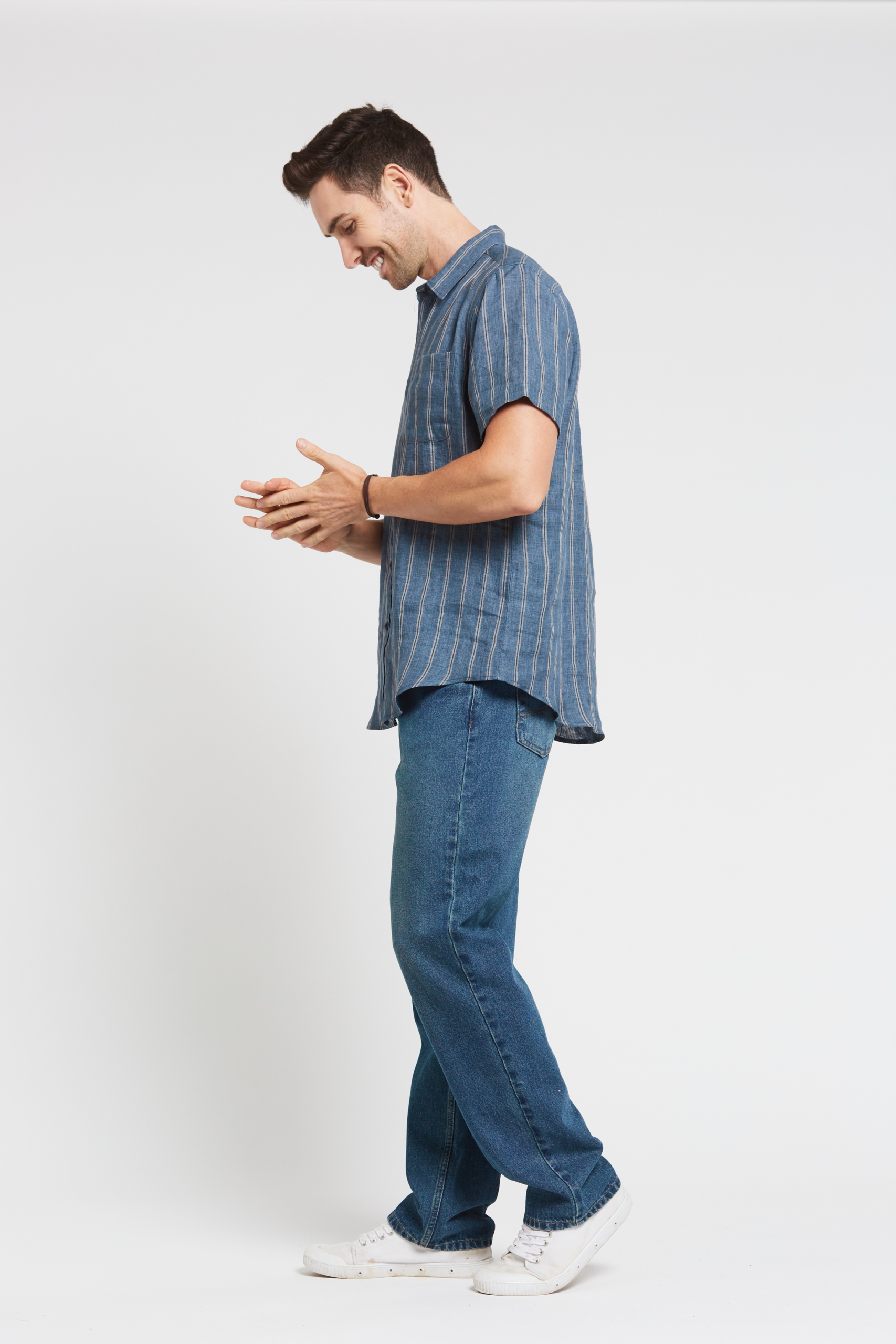 MST2021 BLUE S Men's 100%Hemp Stripe Short Sleeve Shirt-Blue