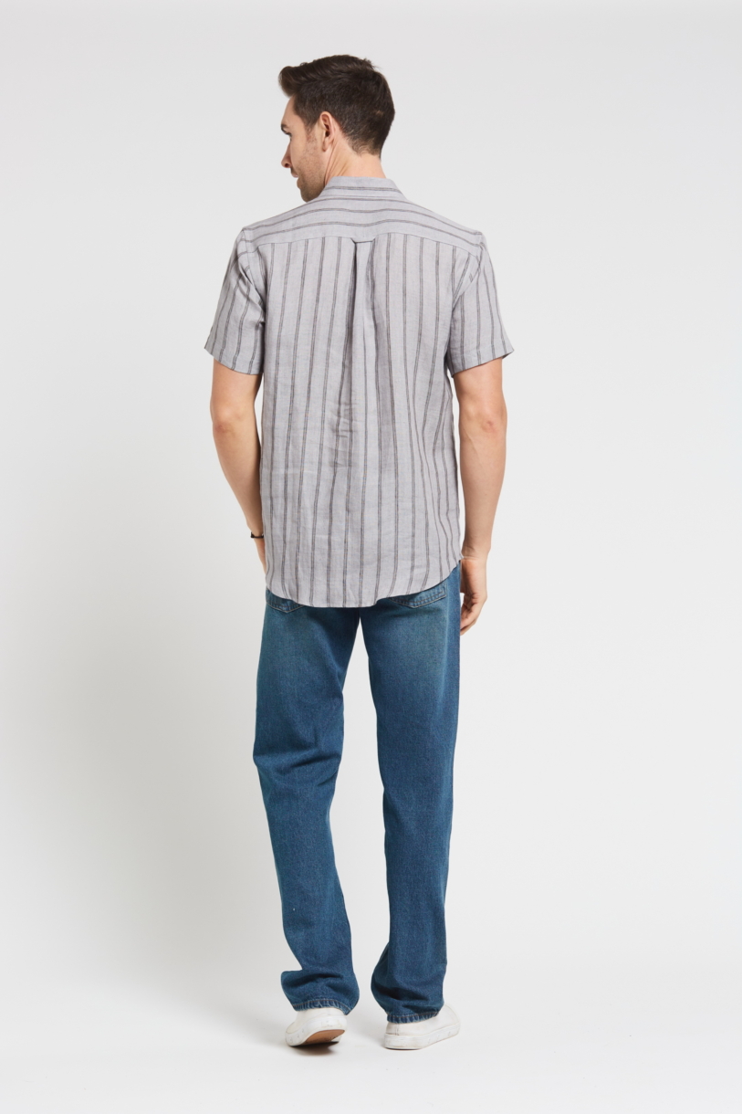 Men's 100%Hemp Stripe Short Sleeve Shirt-Grey