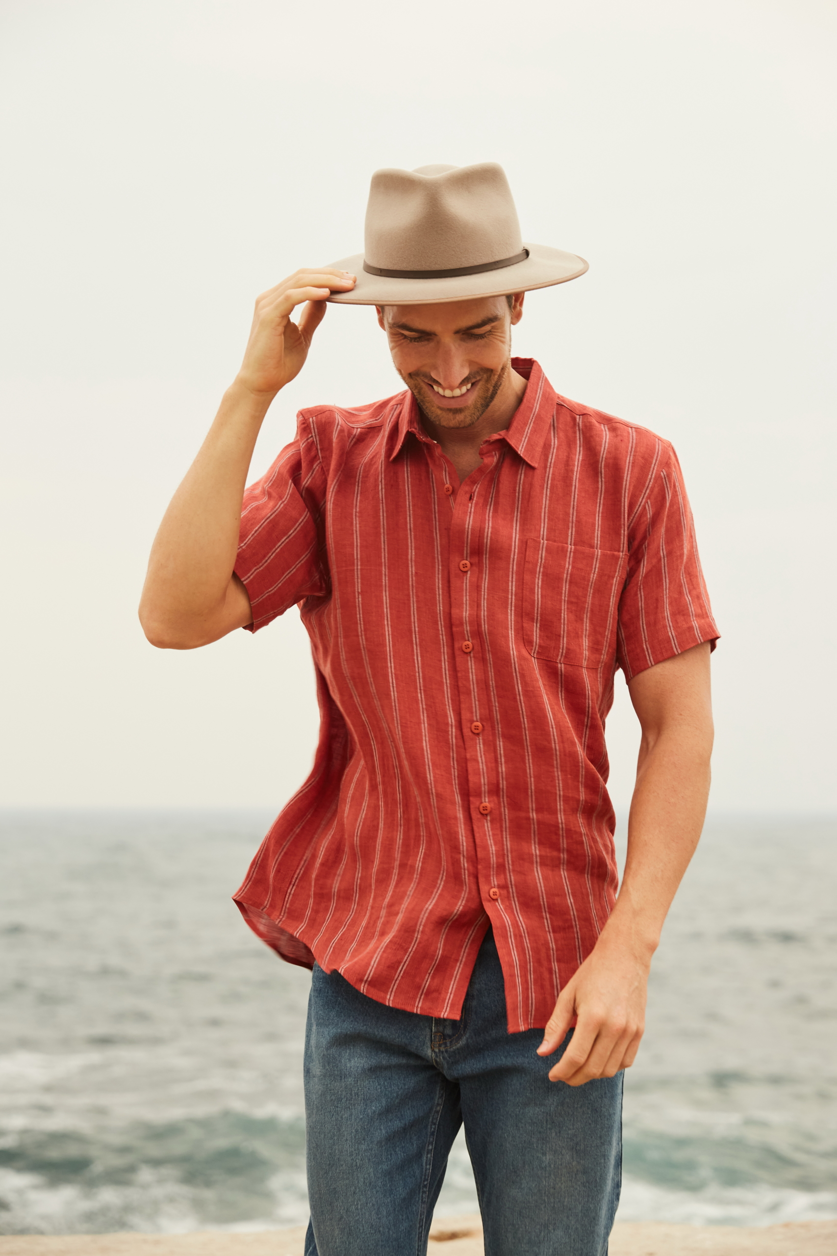 MST2021 Men's 100%Hemp Stripe Short Sleeve Shirt-Red Clay