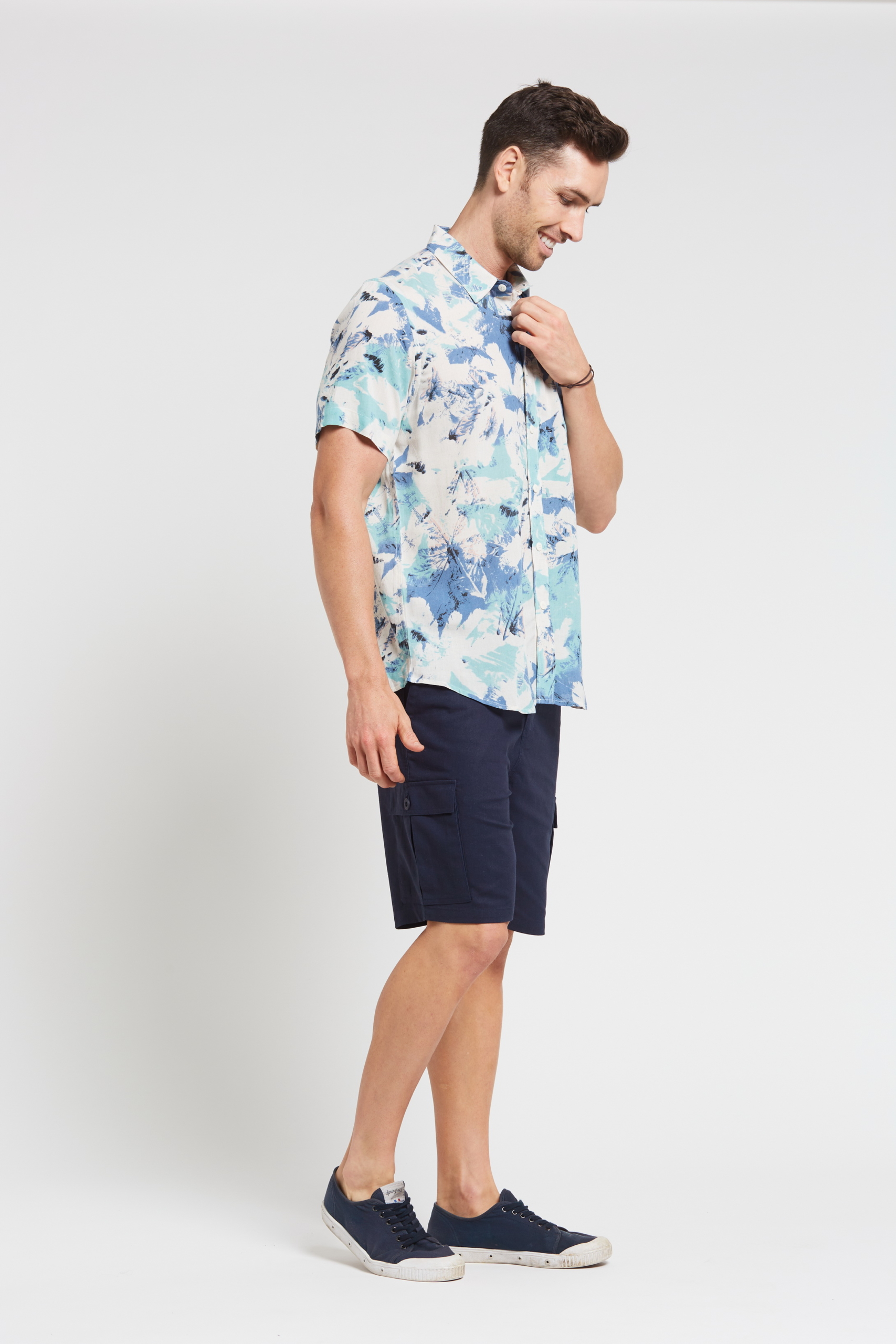 MST2023 BLUE S Men's Hemp Bamboo Print Short Sleeve Shirt-Blue