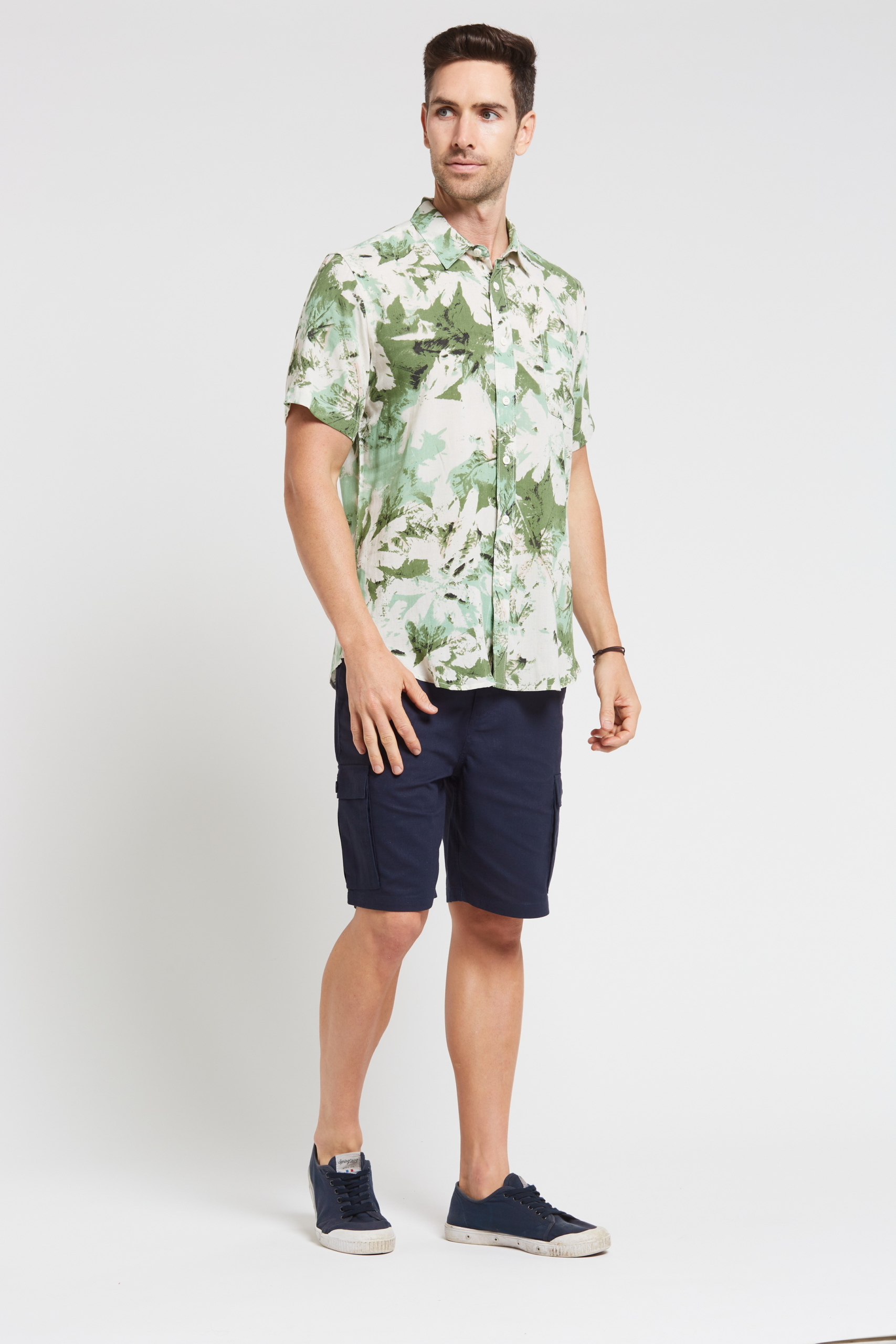 MST2023 GREEN S Men's Hemp Bamboo Print Short Sleeve Shirt-Green