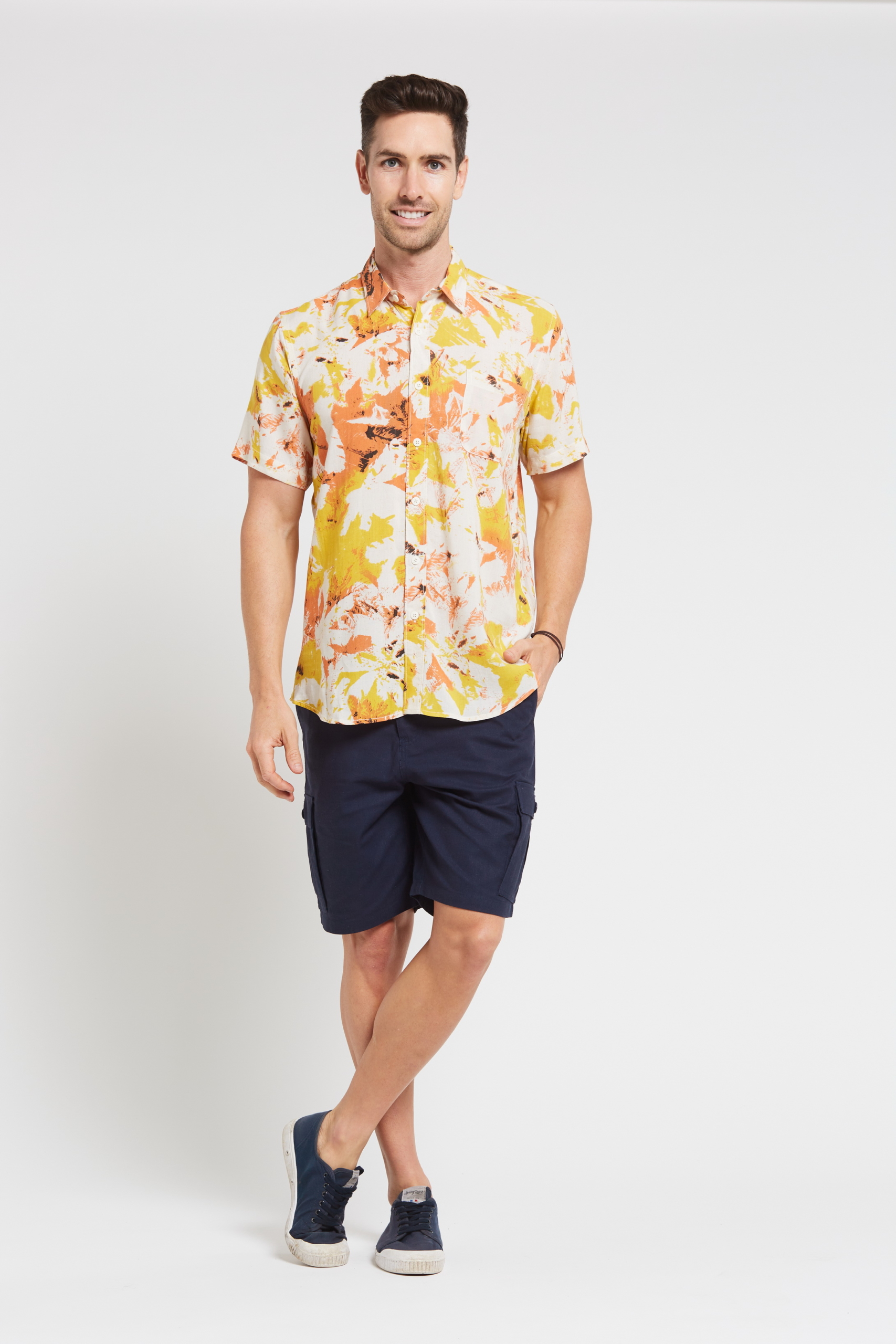 MST2023 YELLOW F Men's Hemp Bamboo Print Short Sleeve Shirt-Yellow