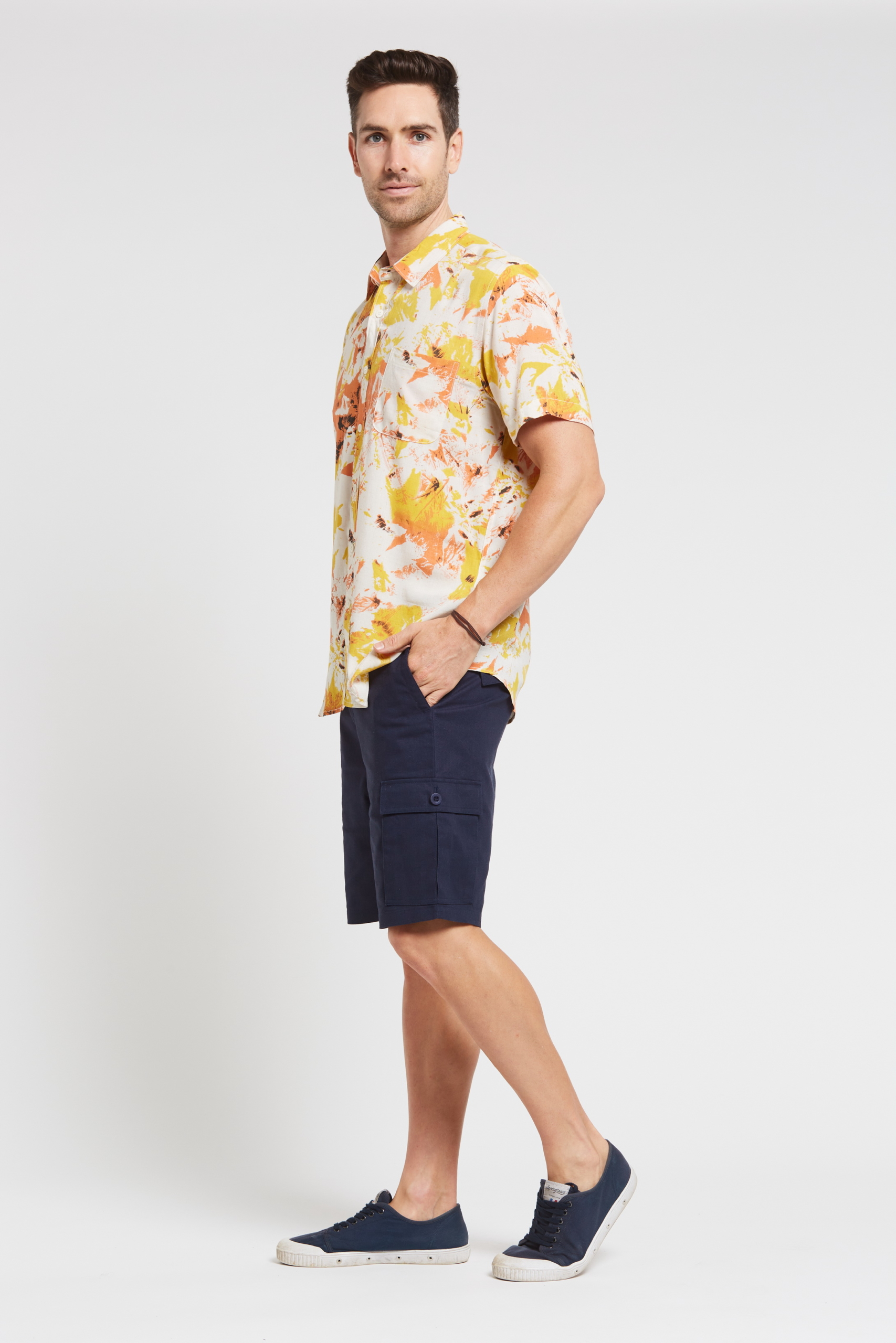 MST2023 YELLOW S Men's Hemp Bamboo Print Short Sleeve Shirt-Yellow
